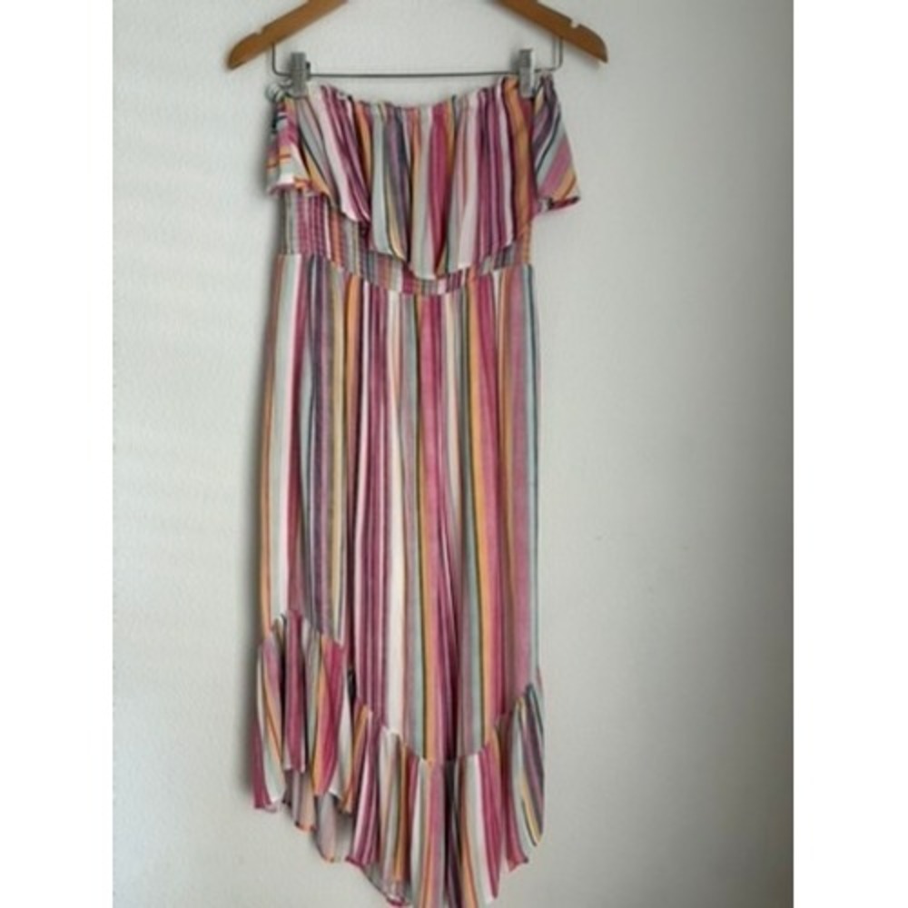 Lush Womens Strapless‎ Striped Jumpsuit Pink Yellow Smocked Ruffle Hem Small